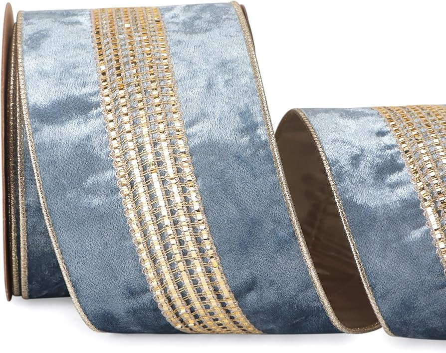 Ribbli Dusty Blue Velvet Wired Ribbon with Luxurious Glittering Stripe 4 Inch Christmas Ribbon fo... | Amazon (US)