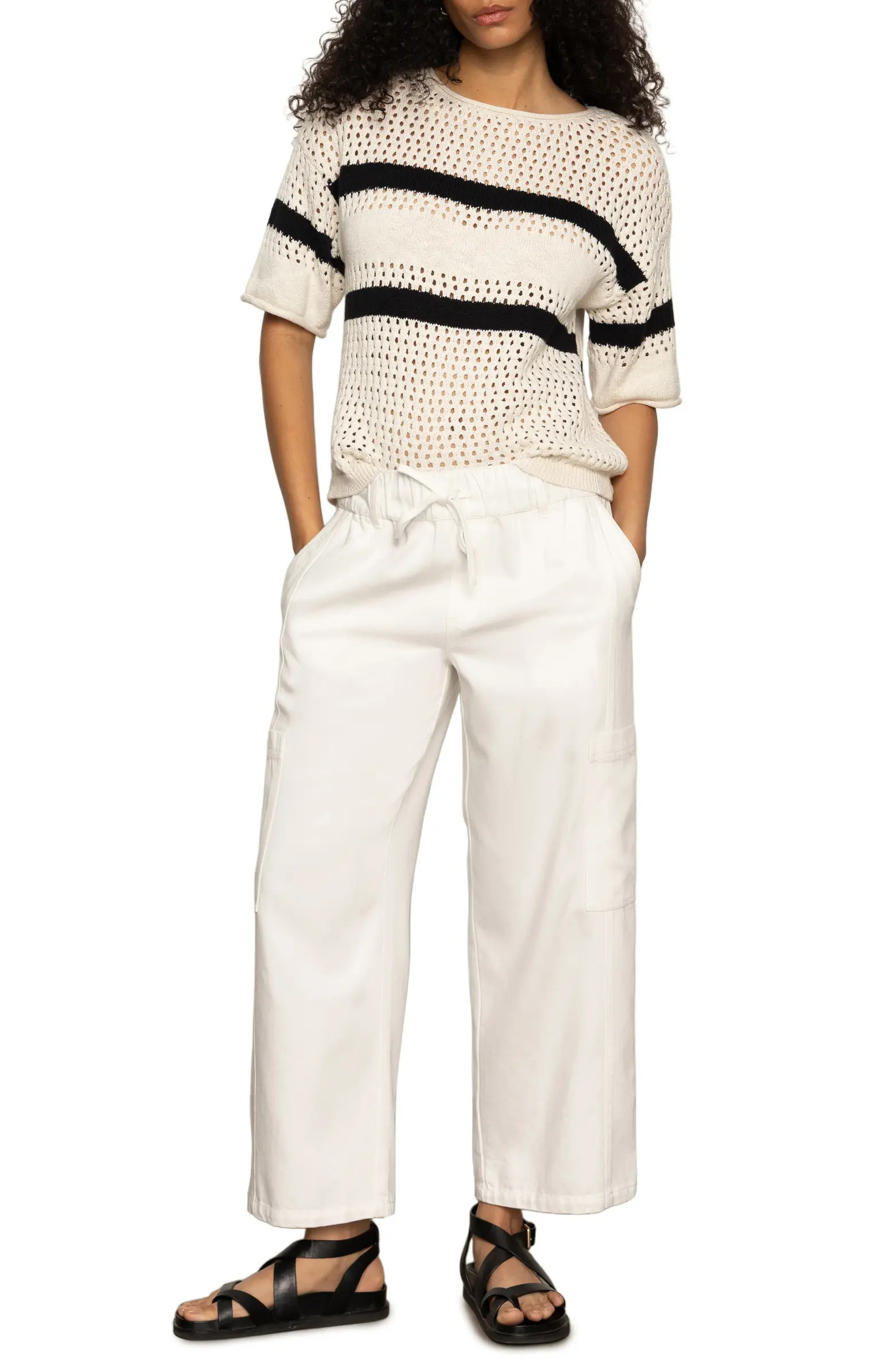 Stripe Open Stitch Elbow Sleeve Cotton Sweater | Nordstrom