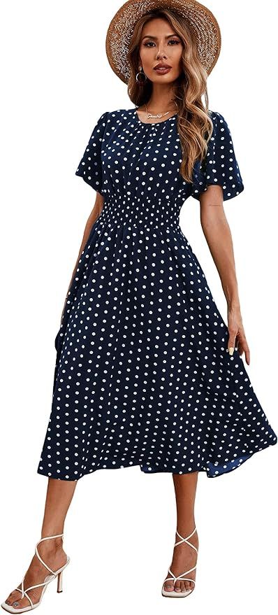 Verdusa Women's Polka Dots Print Short Sleeve Shirred A Line Flared Midi Dress | Amazon (US)