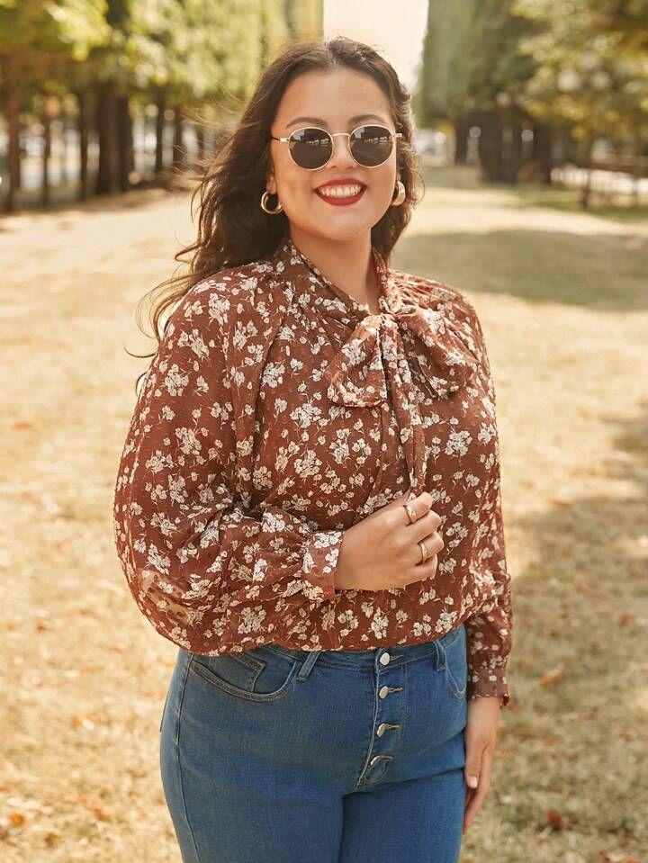 SHEIN Frenchy Plus Floral Print Tie Neck Lantern Sleeve Blouse | SHEIN