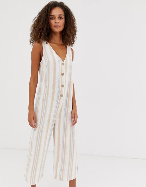 New Look jumpsuit with button front in stripe linen | ASOS (Global)