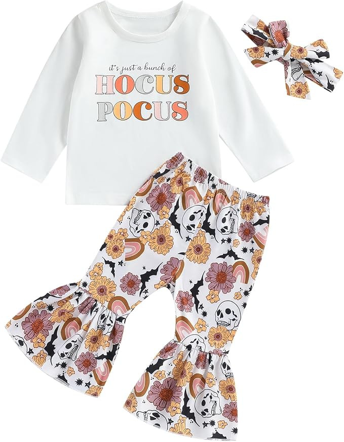 Hnyenmcko Baby Girl Halloween Outfit Long Sleeve Letter Print Tops Pumpkin Flared Pants Headband ... | Amazon (US)