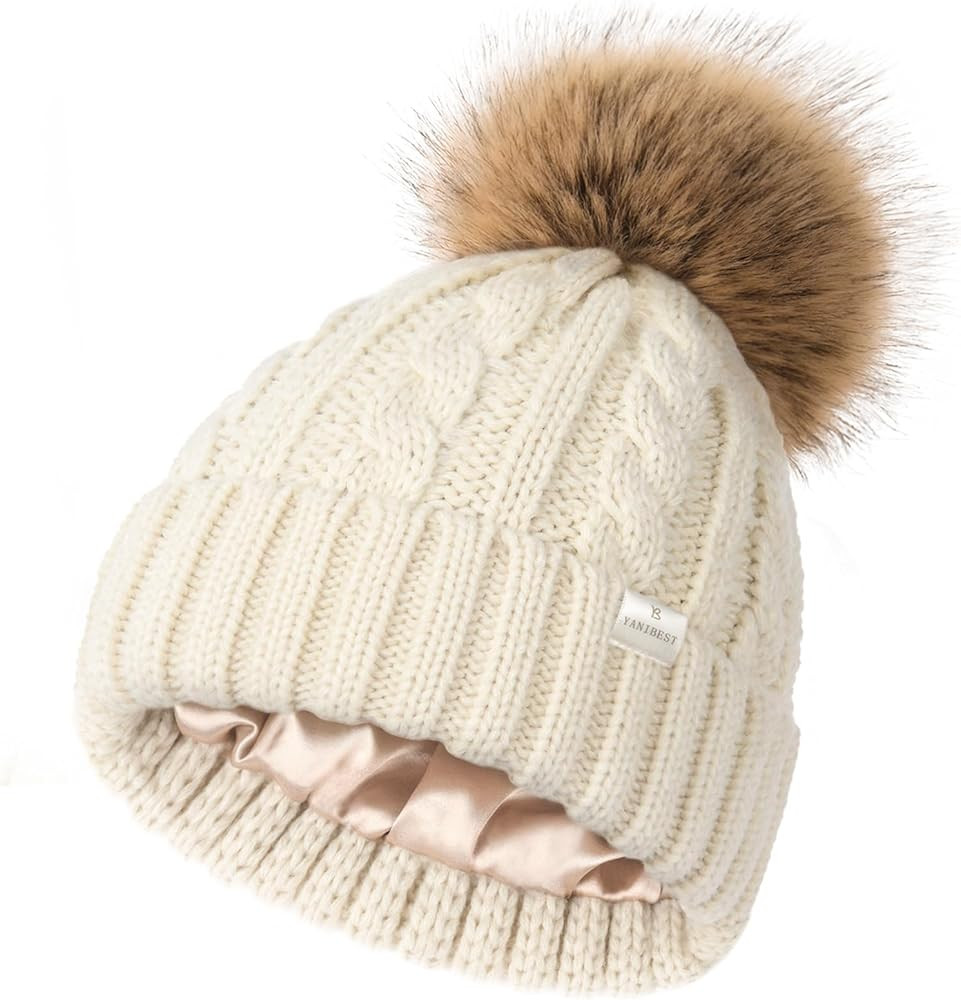 YANIBEST Womens Winter Beanie Hat Satin Lined Knitted Beanie Hat Warm Soft Ski Cuff Cap with Pom ... | Amazon (US)