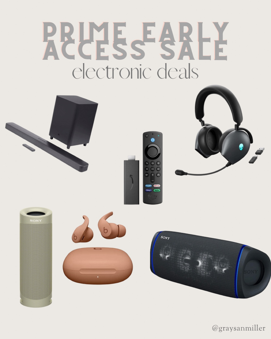 Prime Early Access Sale on electronics like JBL sound bar and speaker, Sony speaker, beats headphones and fire stick 

#LTKHoliday #LTKSeasonal #LTKsalealert