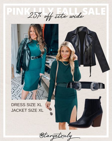 Fall sweater dress (xl) Replaced the belt for a black western buckle belt (L) to sass it up a bit. And added a black faux leather moto jacket (1xl sized up because of my thick arms and to layer with it) CODE: 20TARYN saves you $

#LTKSeasonal #LTKCon #LTKcurves