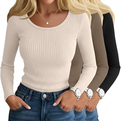Ficerd 3 Pack Women's Ribbed Long Sleeve Tops Scoop Neck Slim Fit Shirts Cotton Casual Fall Going Out Basic Tee(Apricot, Mocha, Black,Small) | Amazon (US)