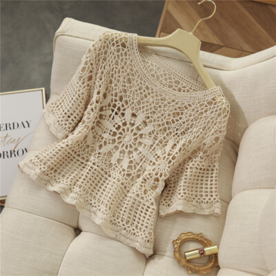 Lady Knitted Crochet Lace Shirt Hollow Out Blouse Floral Crop Top Pullover Shirt  | eBay | eBay UK