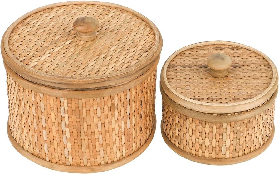 Amazon.com: HUAXIN CRAFT H Rattan Round Decorative Storage Box with lid, Set of 2(Natural 7 inche... | Amazon (US)