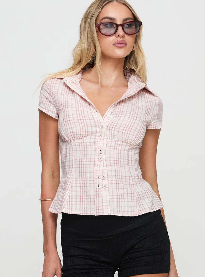 Cottesloe Blouse Top Pink Check | Princess Polly US