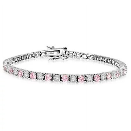 Prong Set Tennis Bracelet with Simulated Round Brilliant and Pink Diamonds by Diamond Essence set in 14K Solid White Gold | Walmart (US)