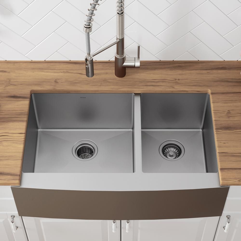 Standart PRO Farmhouse Apron-Front Stainless Steel 36 in. Double Bowl Kitchen Sink | The Home Depot