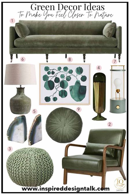 Green home decor ideas that will bring the outdoors in. Accent chair, table lamp, green velvet sofa, green pouf  

#LTKstyletip #LTKover40 #LTKhome