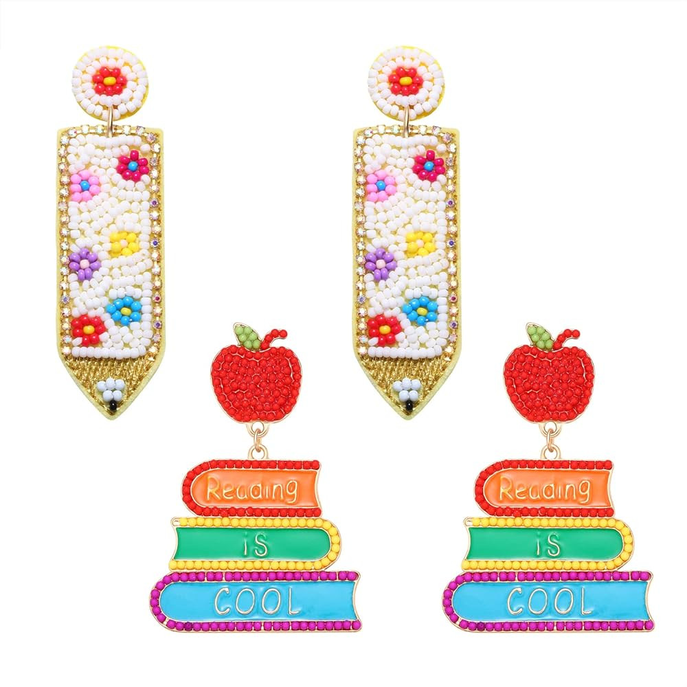 MOLOCH 2 Pairs Beaded Teacher Pencil Earrings Reading is Cool Apple Book Dangling Earrings Back T... | Amazon (US)