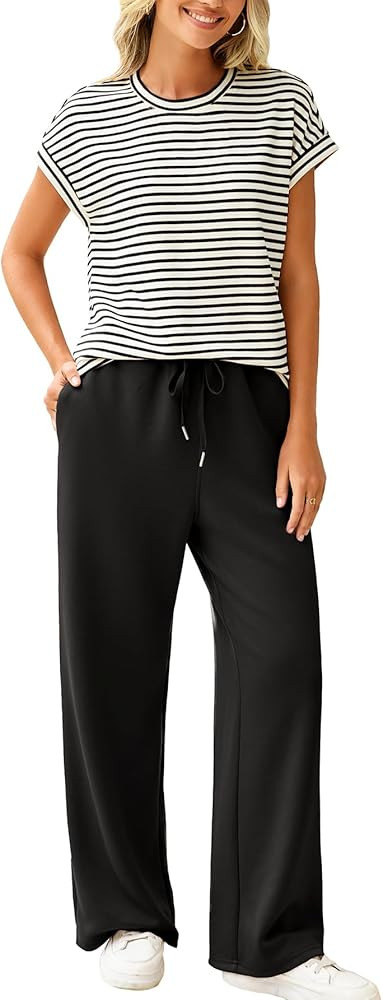 Glamaker Women's 2 Piece Sets Striped Summer Outfits Short Sleeve Shirts Wide Leg Pants Casual Lo... | Amazon (US)