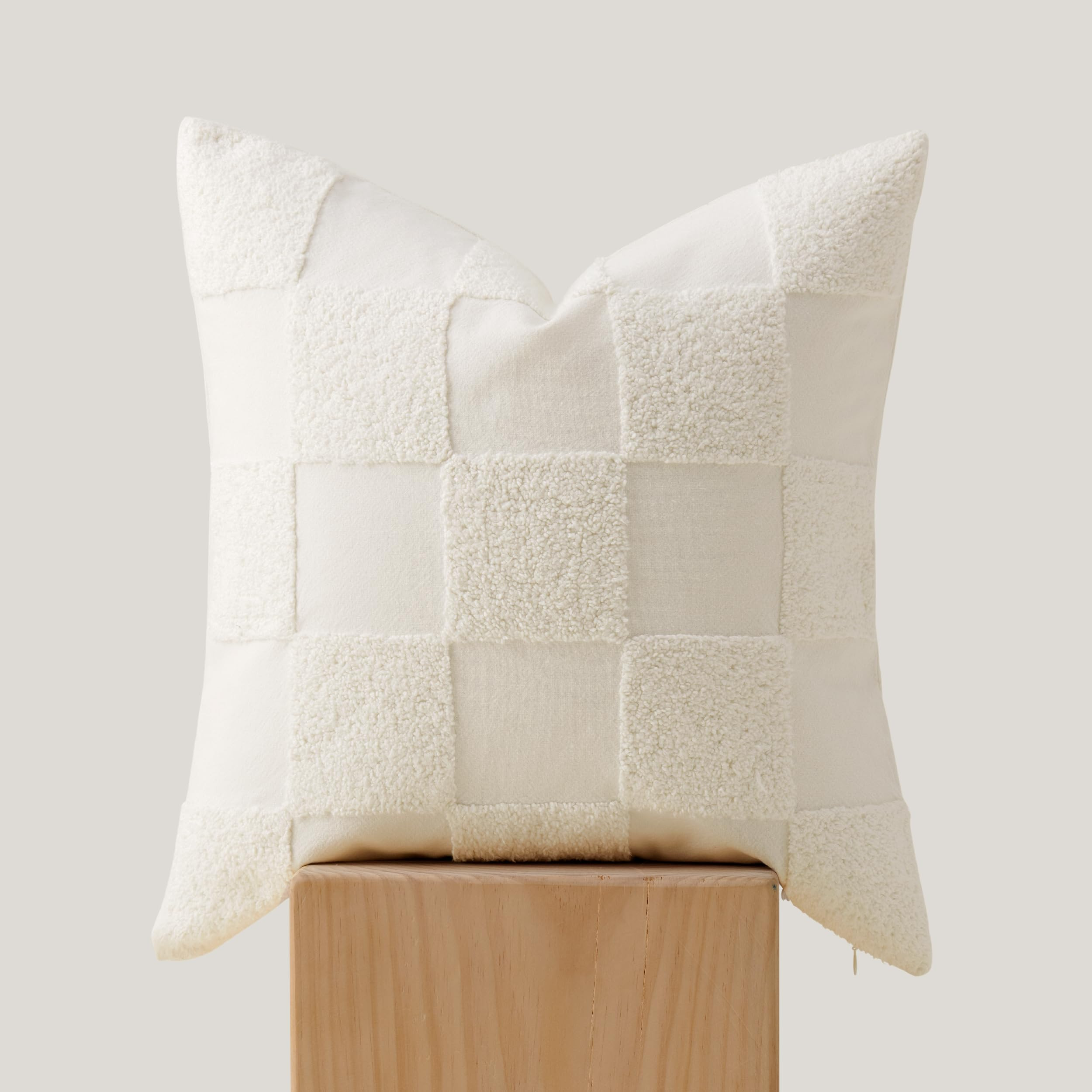 Double Stitch Checkered Throw Pillow Covers - 100% Cotton Tufted Boho Decorative Pillow Covers 20x20, Made in India, Square Plaid Cushion Case, Modern Home Decor for Couch, Sofa, Living Room, Cream | Amazon (US)