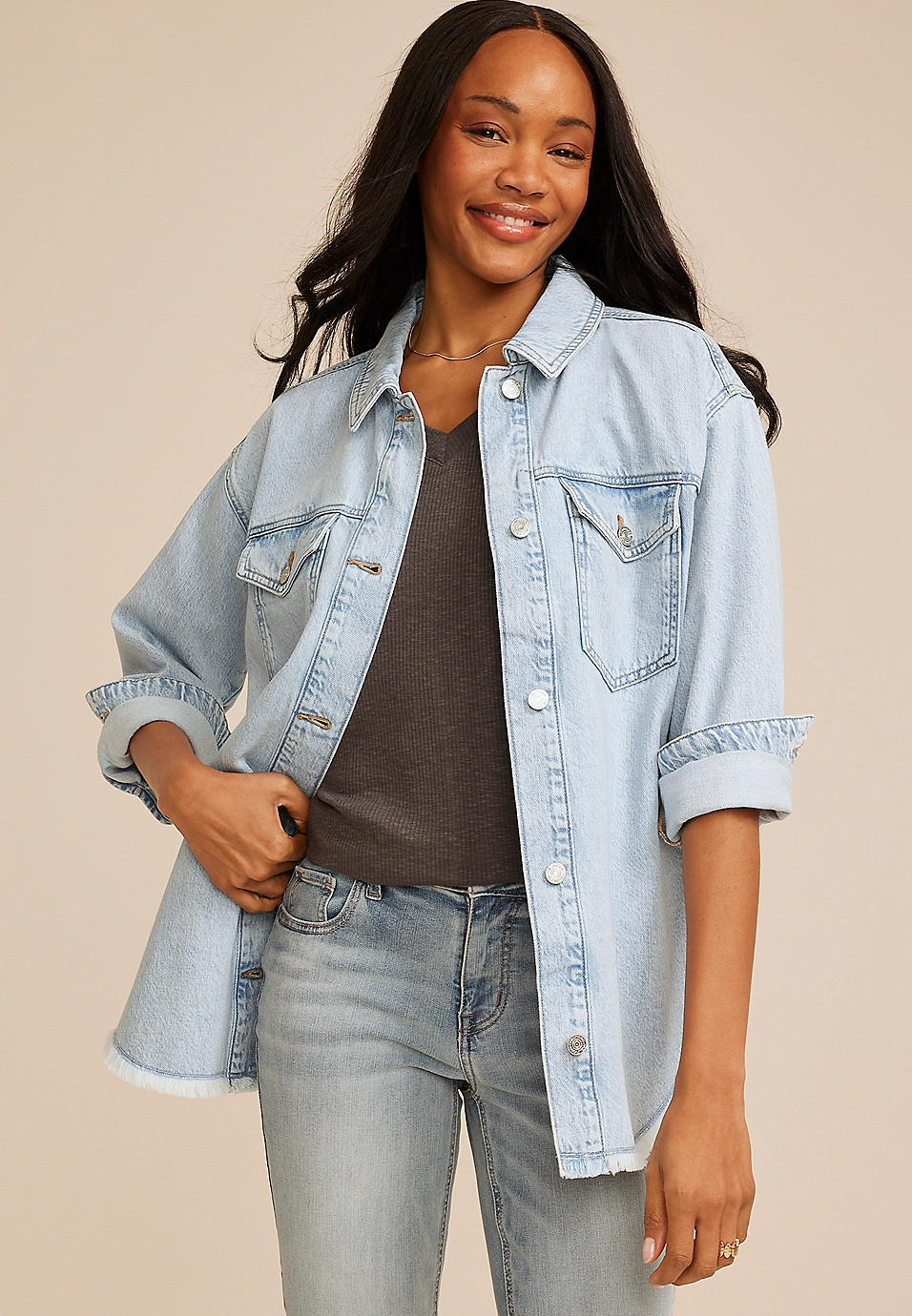 Light Wash Fray Hem Denim Shacket | Maurices