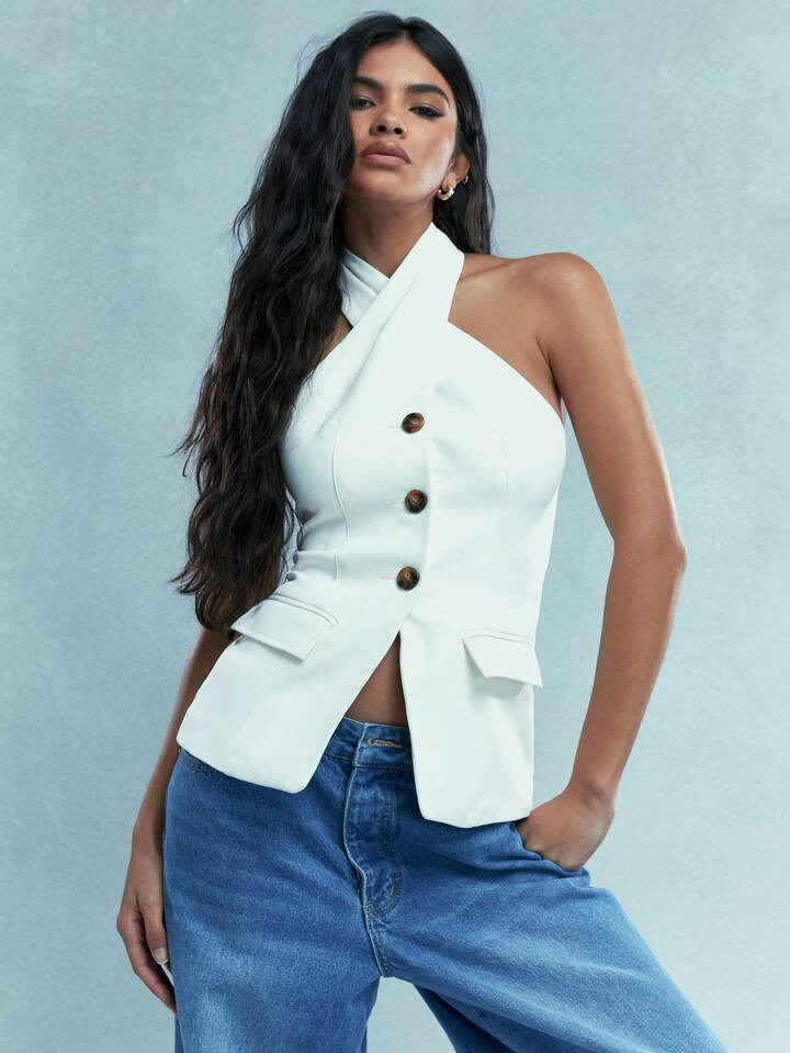 MISSGUIDED Buttoned Cross Halter Neck Backless Vest Top With Pockets | SHEIN