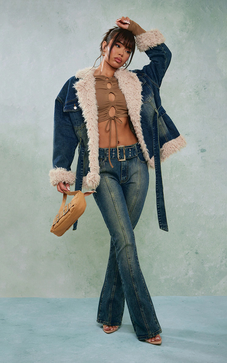 Indigo Vintage Wash Belted Seam Front Flare Jeans | PrettyLittleThing US