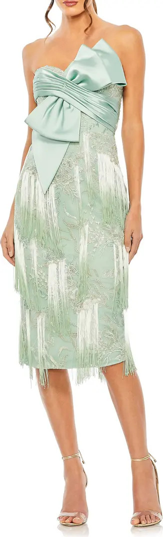 Mac Duggal Bow Front Strapless Fringe Midi Dress | Nordstrom | Nordstrom