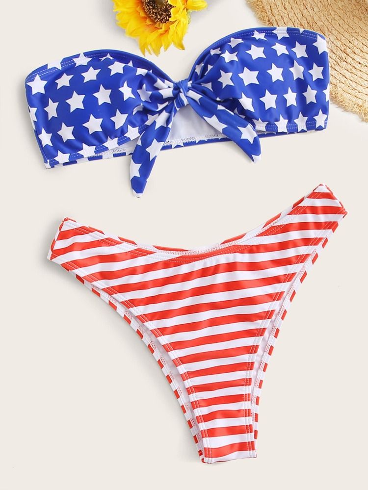 American Flag Print Knot Front Bandeau Bikini Swimsuit | SHEIN