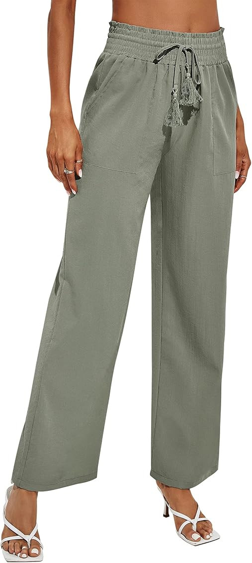 Rapbin Women's Cotton Linen Pants Casual Drawstring Loose Elastic Waist Beach Pant Trousers with Poc | Amazon (US)