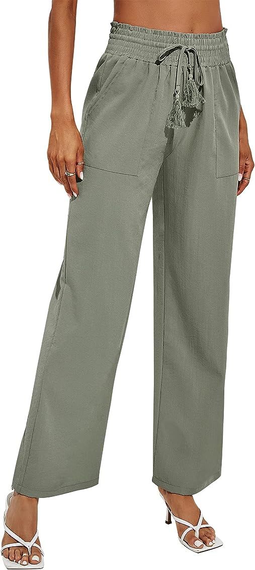 Rapbin Women's Cotton Linen Pants Casual Drawstring Loose Elastic Waist Beach Pant Trousers with Poc | Amazon (US)