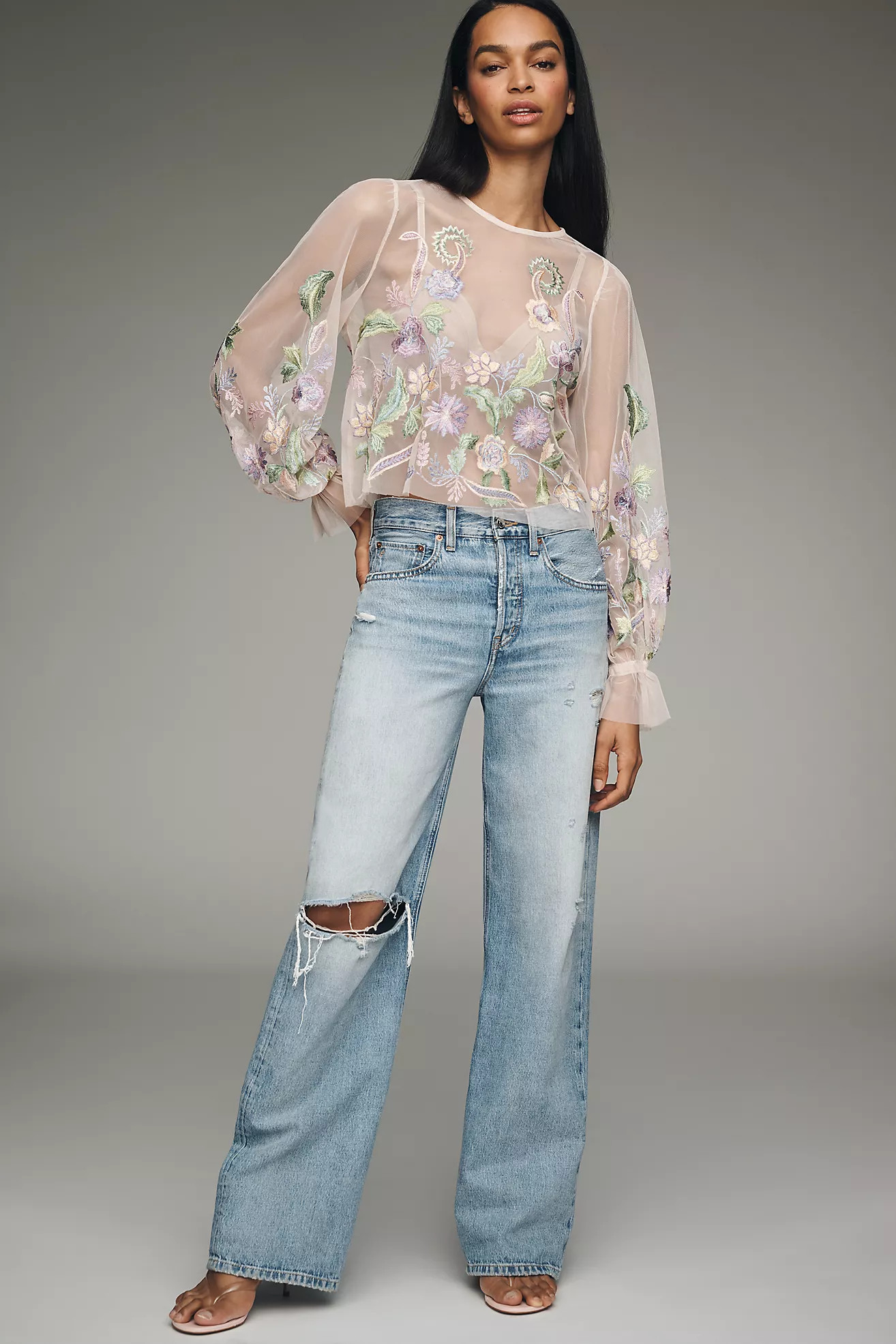 By Anthropologie Long-Sleeve Embroidered Mesh Top | Anthropologie (US)