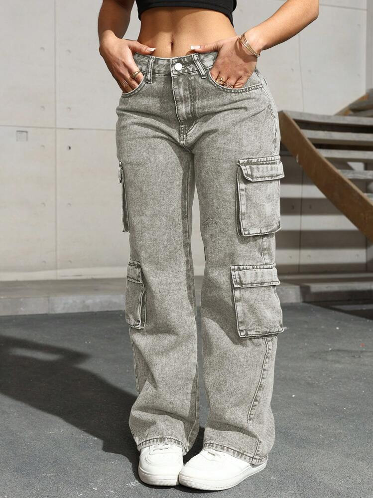 Flap Pocket Side Cargo Denim Jeans Simple Fashionable Daily Casual | SHEIN