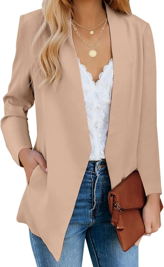Vetinee Women's Open Front Pockets Blazer Long Sleeve Work Office Cardigan Jacket | Amazon (US)