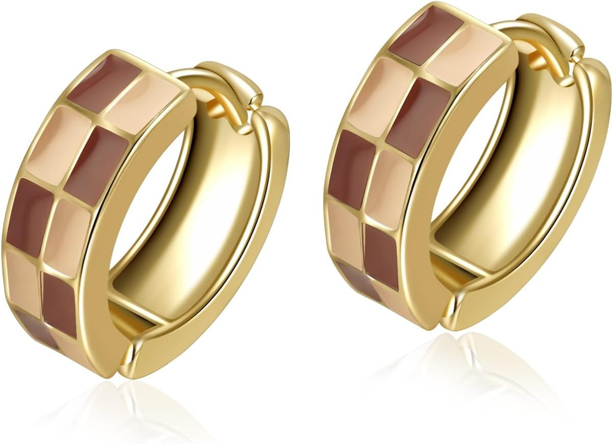 Checker Cartilage Hoops Teacher Earrings for Women White Black Enamel Gold | Amazon (US)