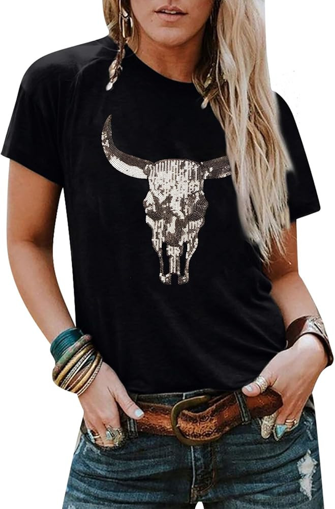 Boho Cow Skull Shirt Women Cowgirl t Shirt Vintage Western Rodeo Graphic Tee Short Sleeve Bull Sk... | Amazon (US)