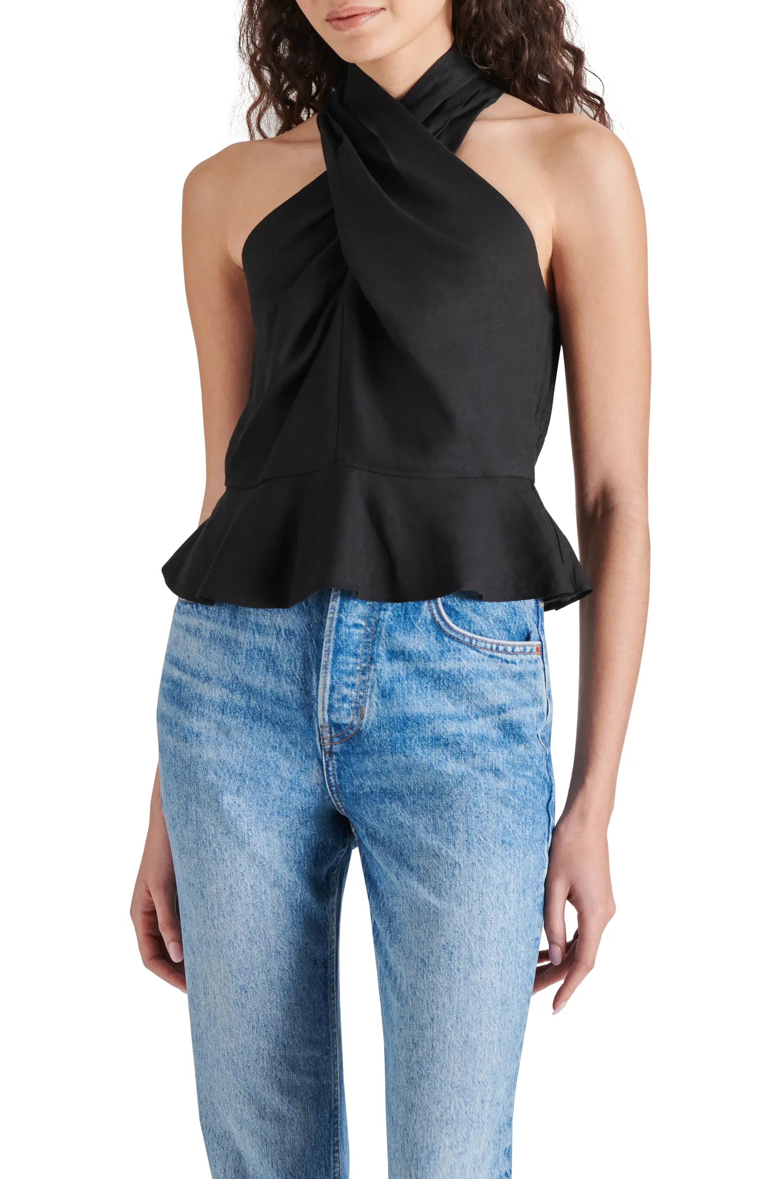 Kosta Crossover Peplum Cotton & Linen Top | Nordstrom