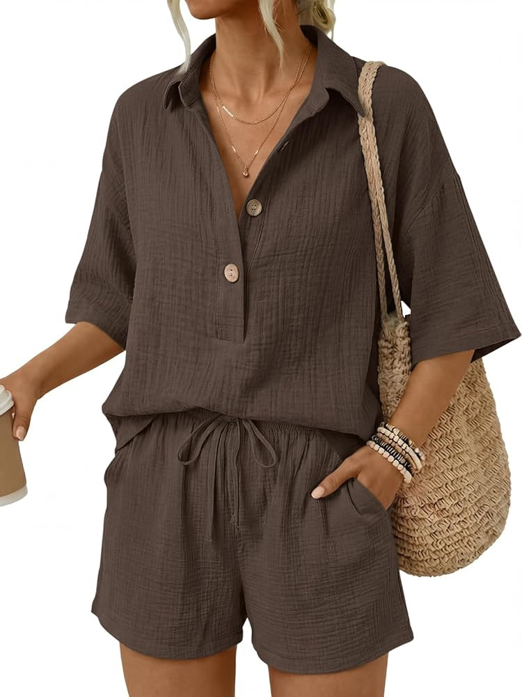 Amazon.com: LILLUSORY Women 2 Piece Linen Short Sets 2026 Summer Vacation V Neck Short Sleeve Bea... | Amazon (US)