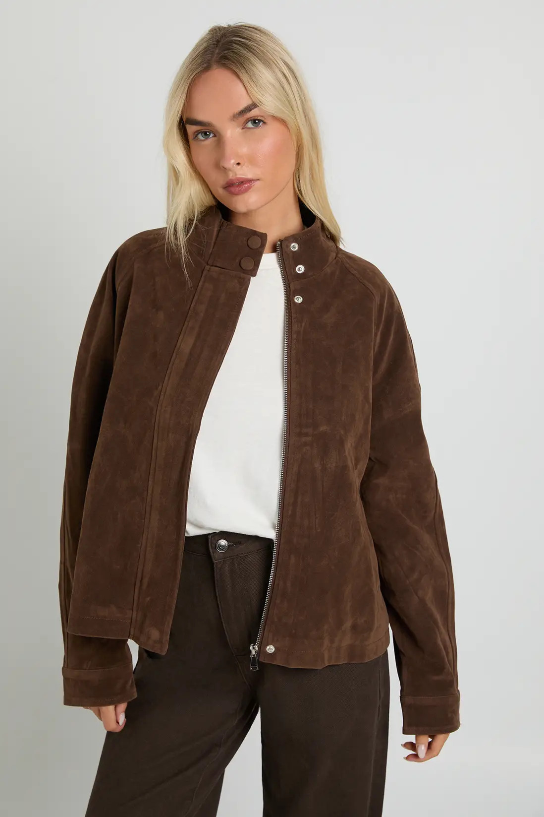 Chocolate Faux Suede Bomber Jacket | Boohoo USA | boohoo (US & Canada)