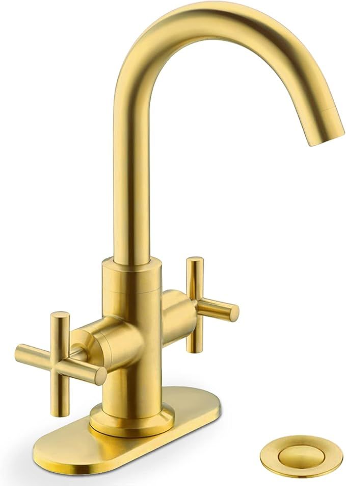Brushed Gold 4 Inch 2-Handle Centerset Bathroom Faucet with Drain, 360 Swivel Spout with Deck Pla... | Amazon (US)