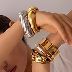 Gold Bangles for Women Chunky Stretch Bangles Bracelets Set 18K Gold Plated Stainless Steel Link ... | Amazon (US)