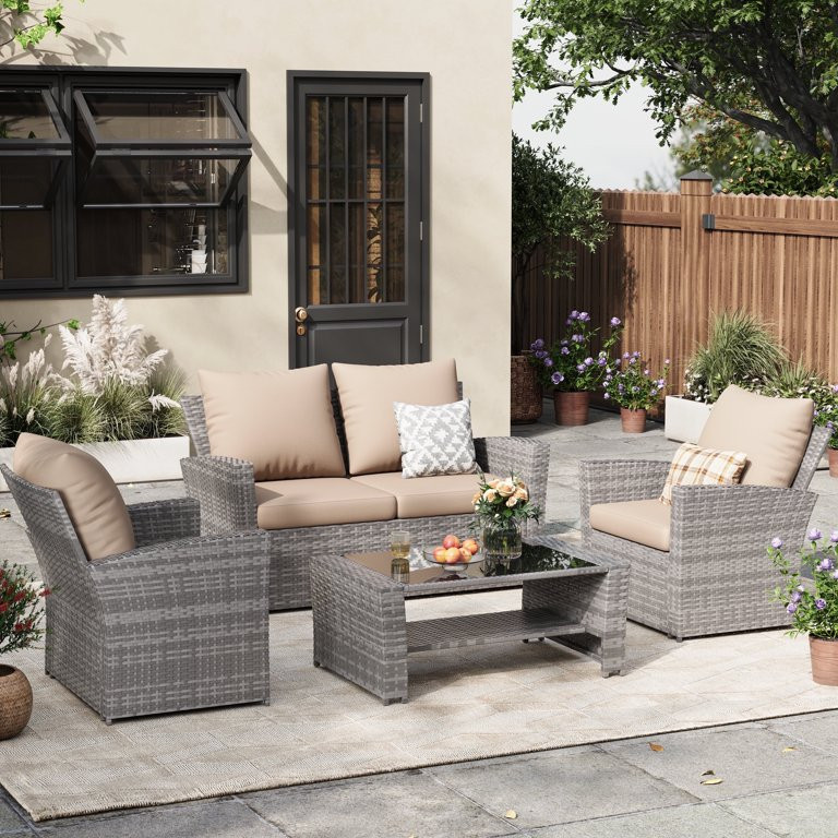 ELPOSUN Wicker Patio Furniture Set, 4 Piece Outdoor Sectional Conversation Sets, Gray PE Rattan P... | Walmart (US)