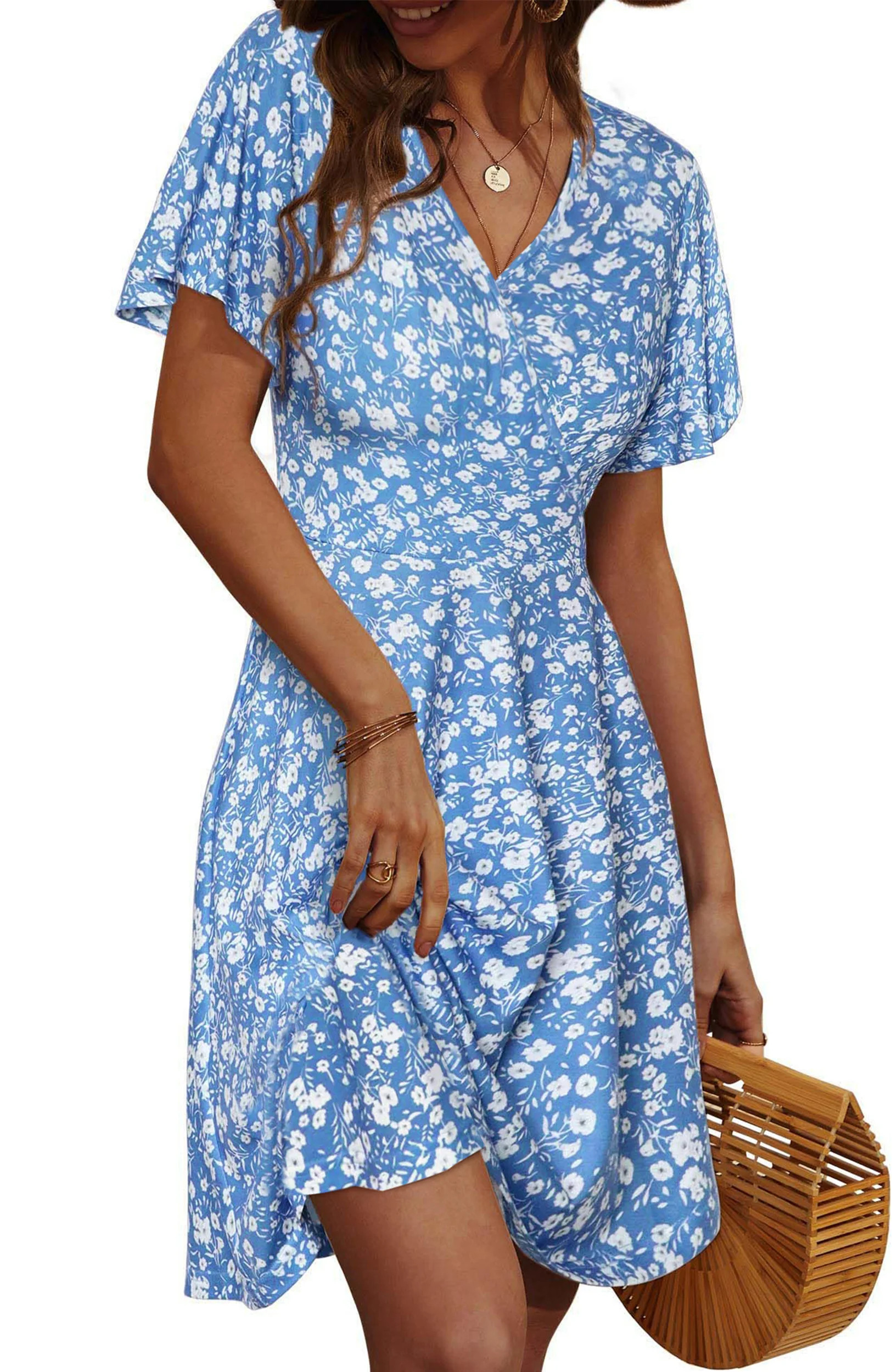 UVN Summer Dresses for Women Short Sleeve V Neck A-Line Midi Dress Boho Beach Floral Print Sundre... | Walmart (US)