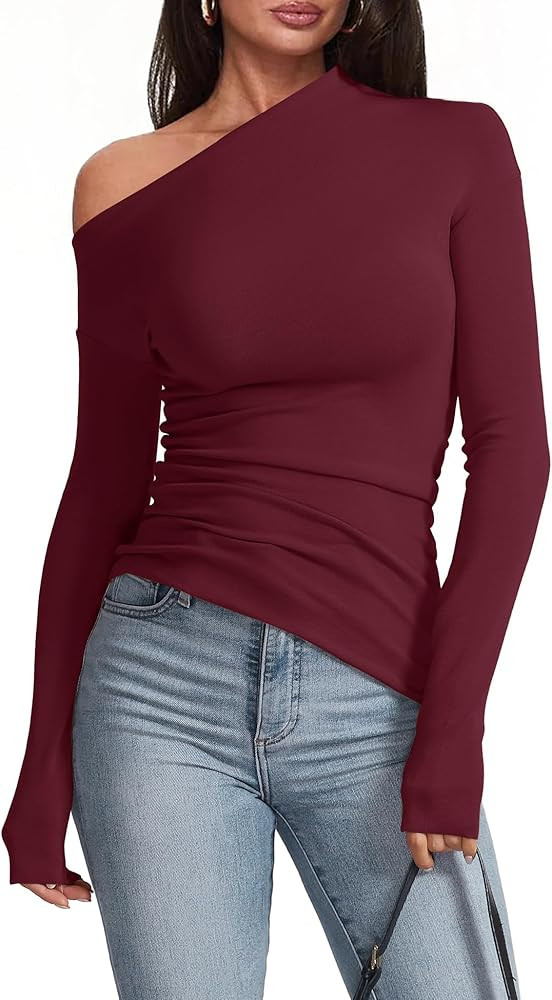 Women's Sexy Off Shoulder Tops Dressy Long Sleeve Asymmetrical Slim Fit Going Out Fall Blouse Ruc... | Amazon (US)