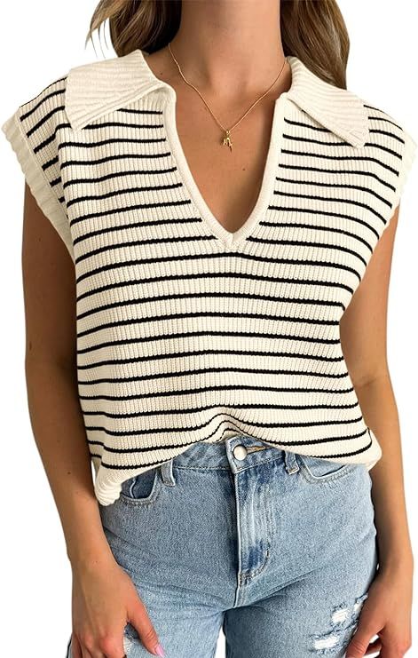 Yousify Summer Sweaters for Women 2024 V Neck Cap Sleeve Tops Sleeveless Spring Clothes S-2XL | Amazon (US)