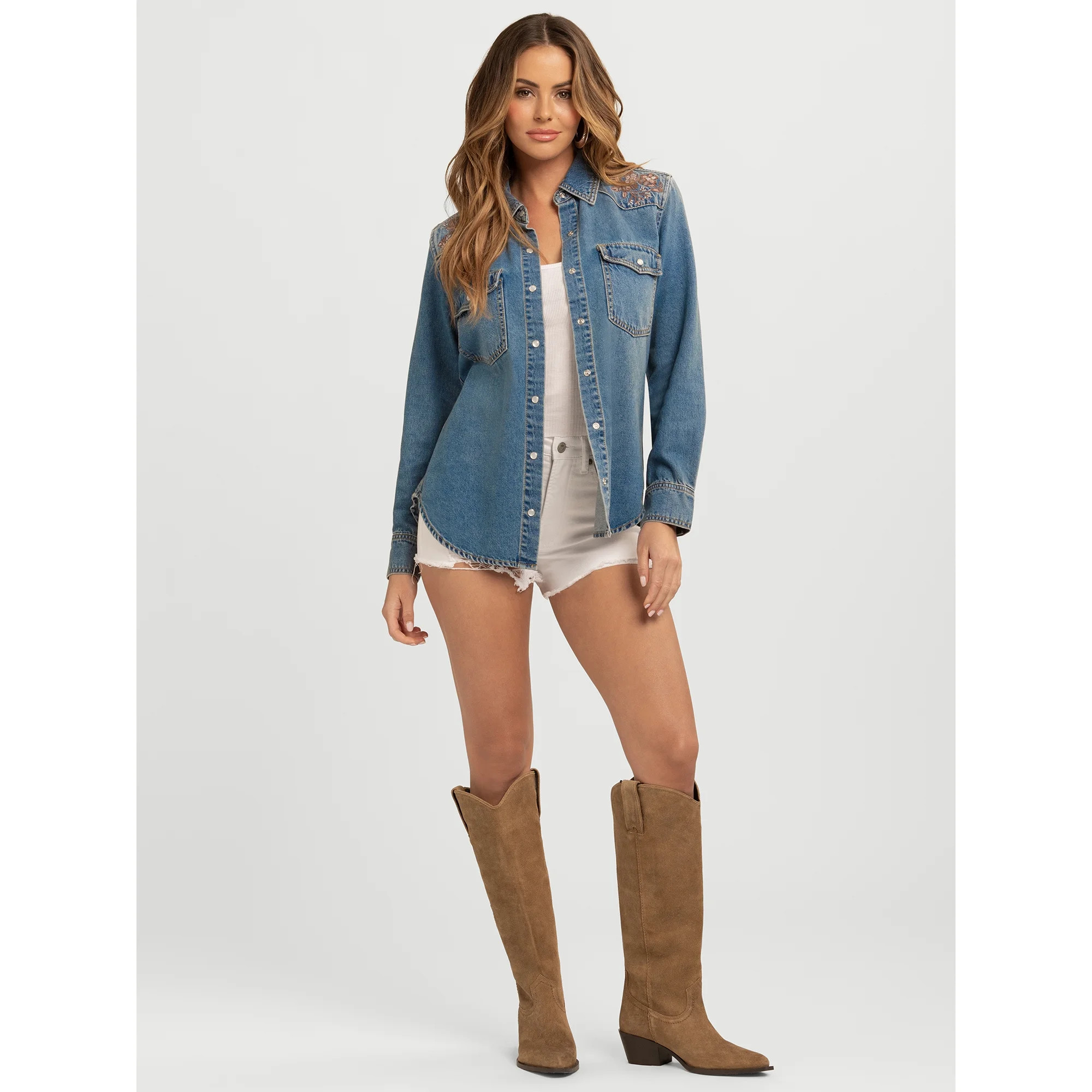 Jessica Simpson Women's Relaxed Denim Shirt with Long Sleeves, Sizes XS-4X | Walmart (US)
