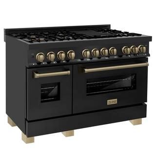 ZLINE Kitchen and Bath Autograph Edition 48" 6 cu. ft. Double Oven Dual Fuel Range in Black Stain... | The Home Depot