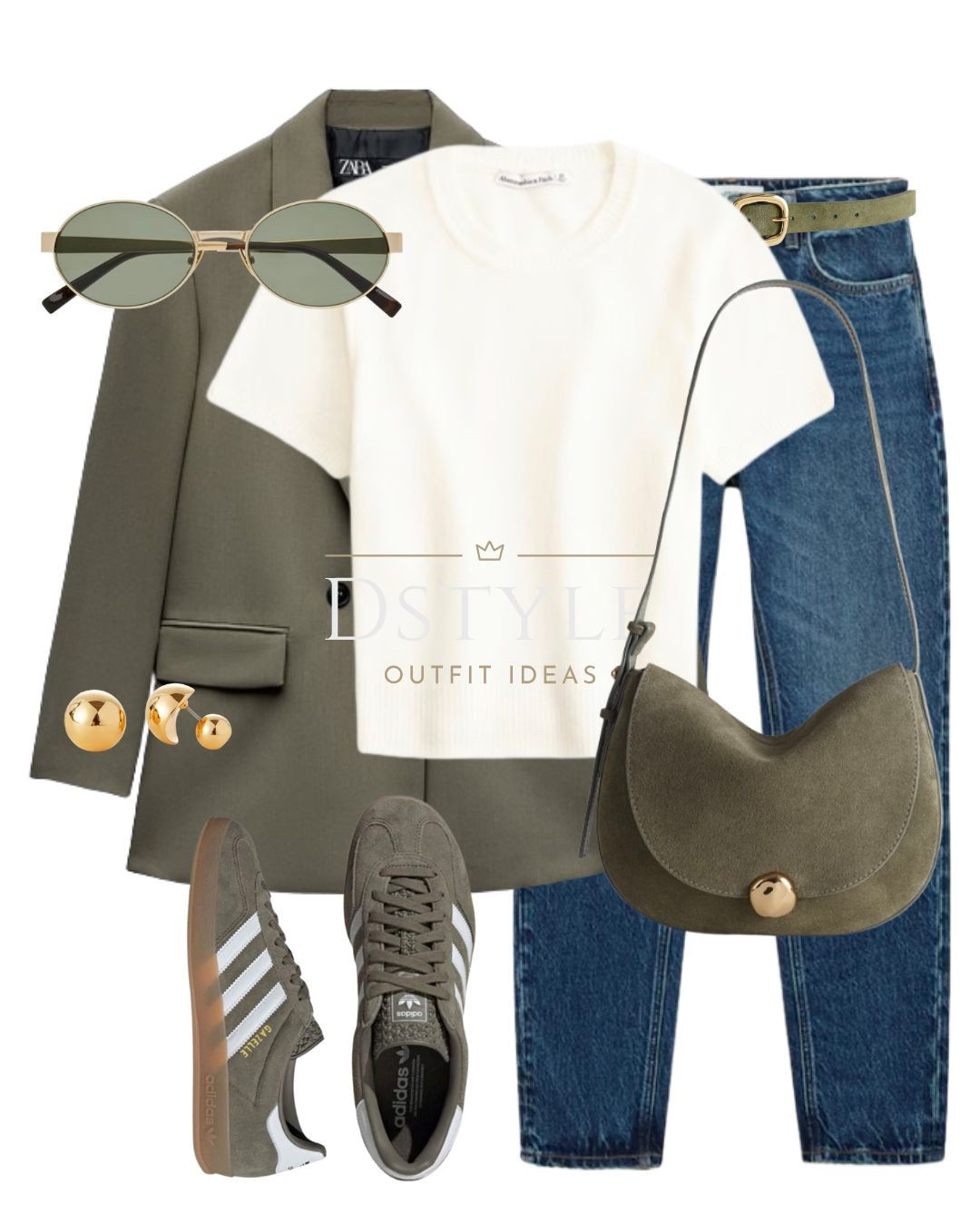 Khaki green blazer, cream sweater tee, dark blue mom jeans, green suede belt, green suede bag, YSL light gold and green sunglasses, olive Adidas Gazelle Indoor sneakers 

 

#LTKStyleTip #LTKWorkwear #LTKShoeCrush