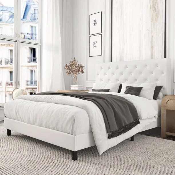 Amolife King Bed Frame with Adjustable Headboard, Diamond Button Tufted Style, White - Walmart.co... | Walmart (US)