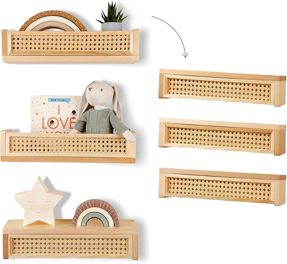 Rattan Floating Shelf Set of 3, Nursery Book Shelves for Wall Decor in Boho Style, Wall Shelf for... | Amazon (US)