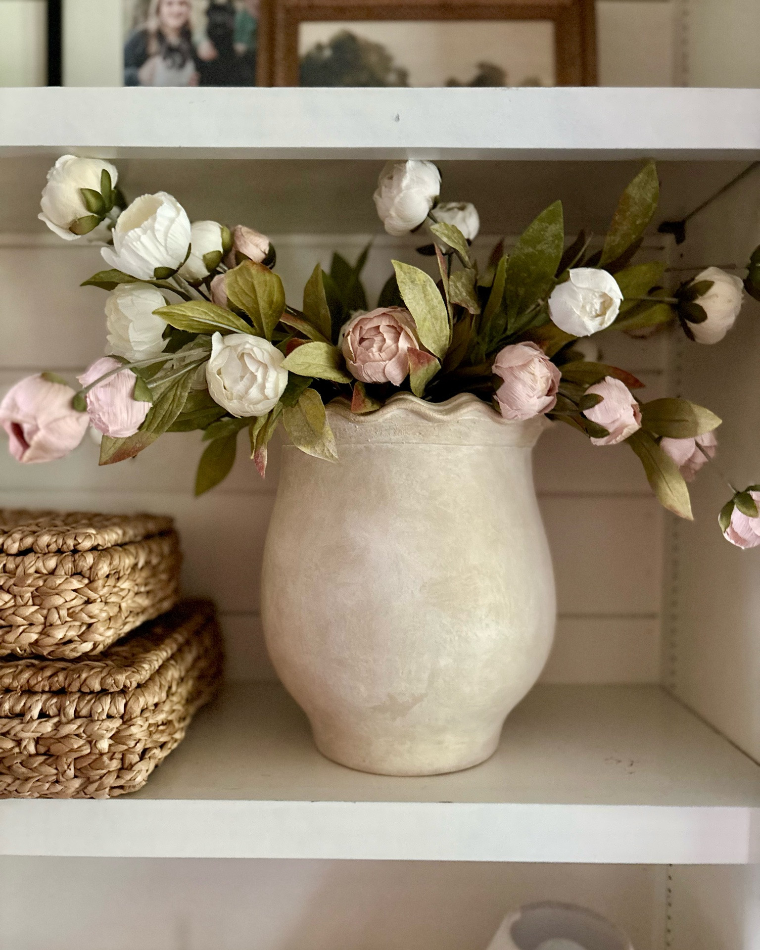 My favorite case is on sale right now for $50!  The quality is amazing and the size and texture is so good!  These woven boxes are also on sale right now- a great time to grab these while they are 30% off!  

McGee & Co., faux peonies, shelf decor, Memorial Day sale,