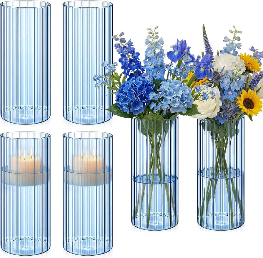 6 Pcs 8 Inch Tall Glass Ribbed Cylinder Vases Clear Floating Candle Flower Vase in Bulk, Hurrican... | Amazon (US)