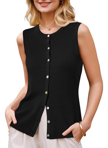 Arach&Cloz Women's Vest Tops 2026 Summer Sleeveless Sweater Knit Tank Tops Spring Capsule Wardrobe Wool Blend Crew Neck Button Down Trendy Dressy Business Casual Outfits Black L | Amazon (US)
