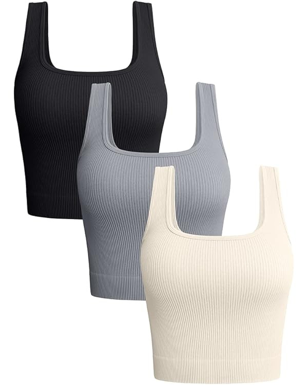 OQQ Women's 3 Piece Tank Tops Ribbed Seamless Workout Exercise Shirts Yoga Crop Tops | Amazon (US)