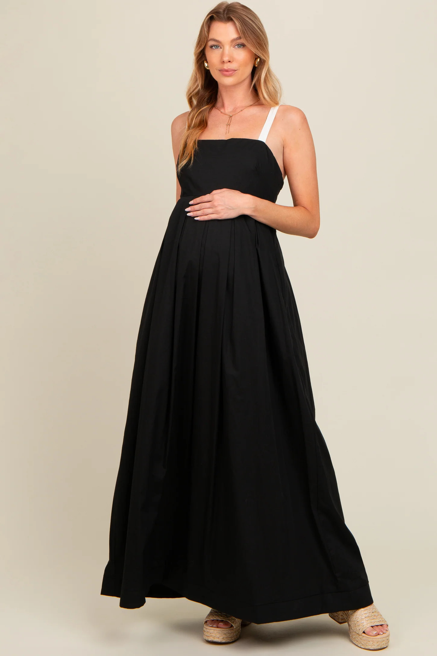 Black Square Neck Contrast Strap Back Cutout Maternity Maxi Dress | PinkBlush Maternity